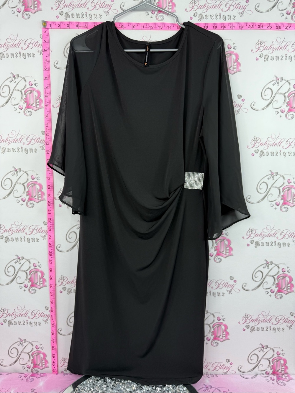 LORI M dress crystal Black Midi Draped Dress with Rhinestone Buckle